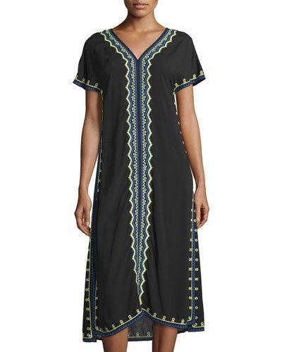 Embroidered Short-sleeve Midi Dress, Black/multi