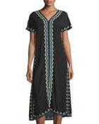 Embroidered Short-sleeve Midi Dress, Black/multi