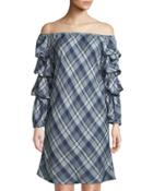 Off-the-shoulder Balloon-sleeve Plaid Dress