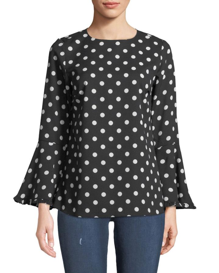 Polka-dot Cascading Ruffle-sleeve Blouse