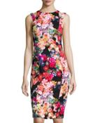 Scuba Floral-print Sheath Dress, Black/hot Pink