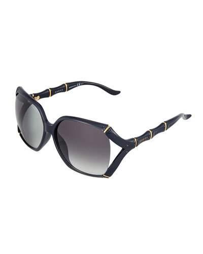 Open-temple Bamboo-detail Sunglasses, Black/blue