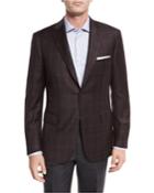 Plaid Two-button Sport Coat, Burgundy/charcoal