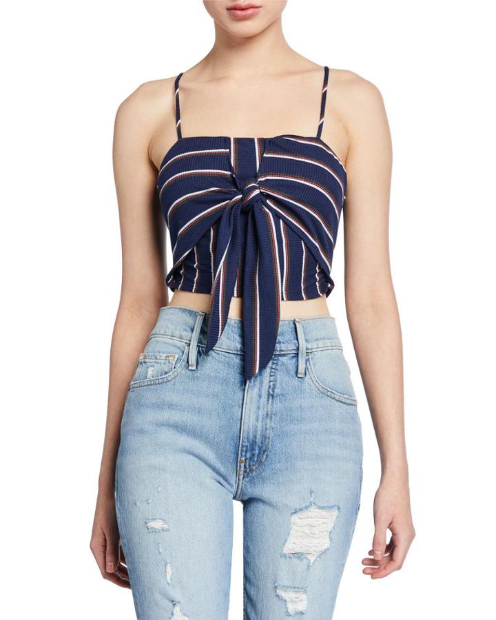 Striped Knot-front Sleeveless Crop Top