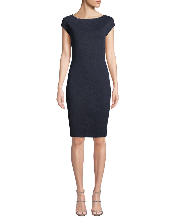 Bateau-neck Cap-sleeve Metallic-knit Body-con Dress