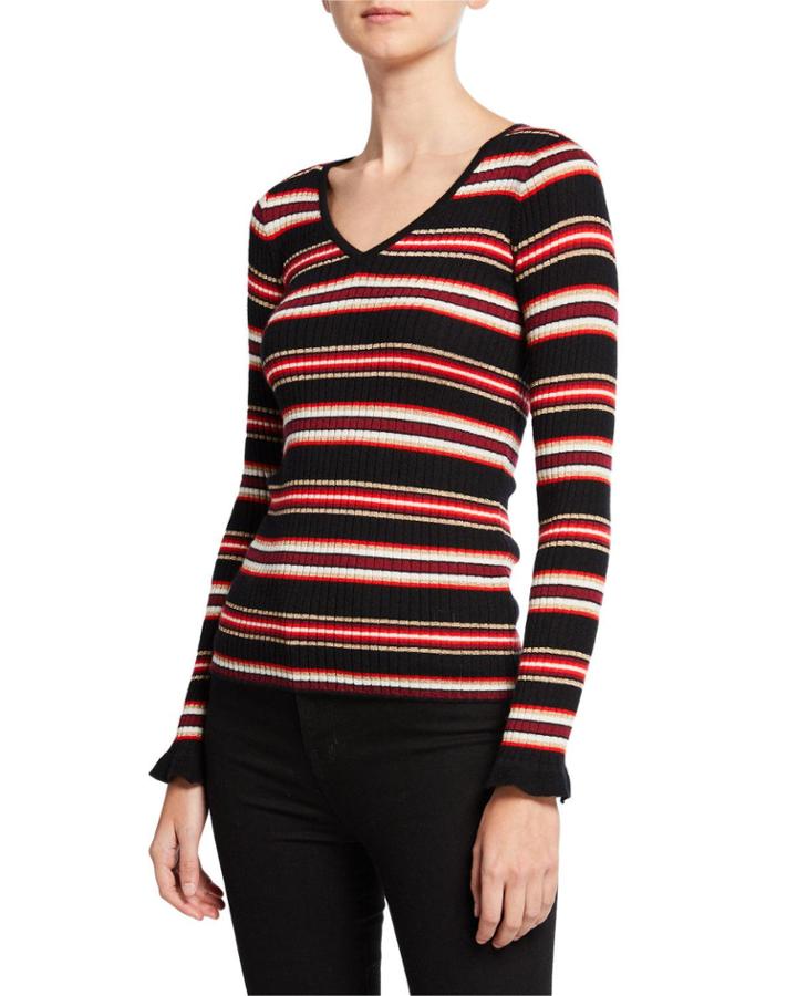 Metallic Striped V-neck Long-sleeve Superfine Cashmere