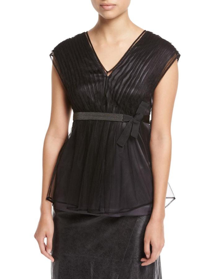 Pleated Tulle & Satin Top With