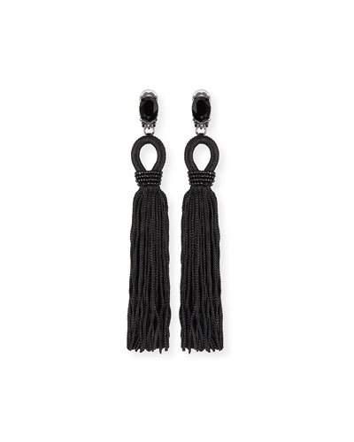 Long Crystal Loop Tassel Clip Earrings, Black