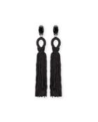 Long Crystal Loop Tassel Clip Earrings, Black