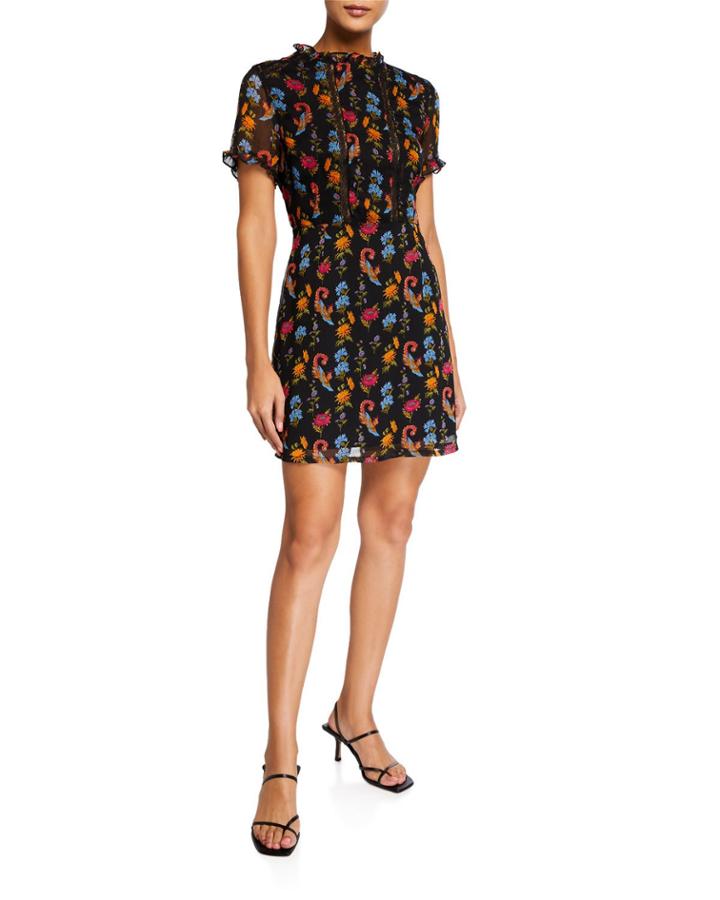 Floral Lace-inset Ruffle Neck Dress