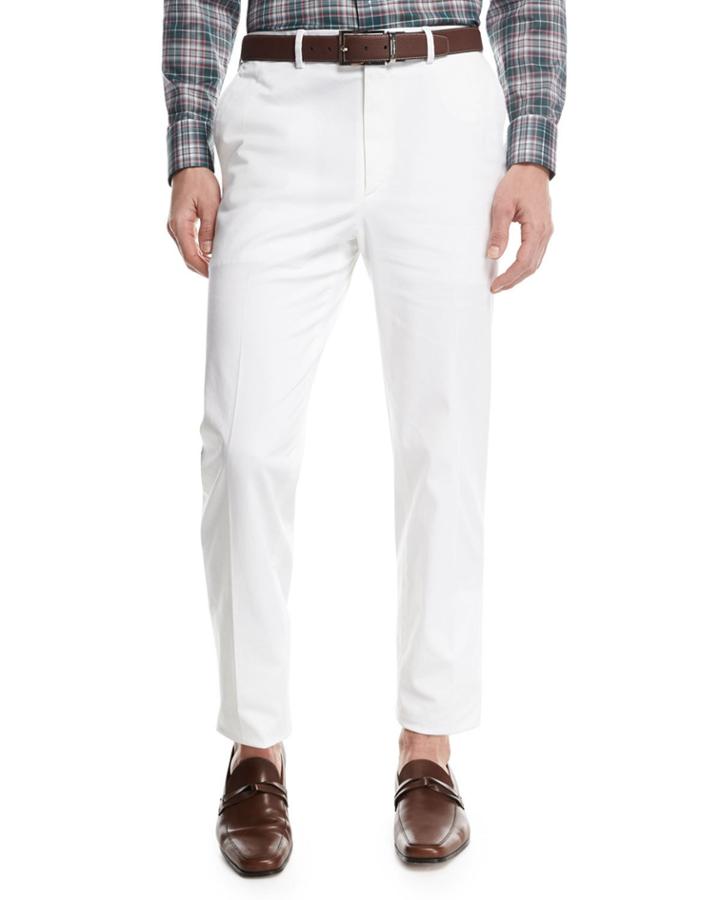 Stretch-cotton Flat-front Pants, White