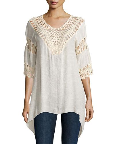 Crochet-trim 3/4-sleeve Tunic, Natural