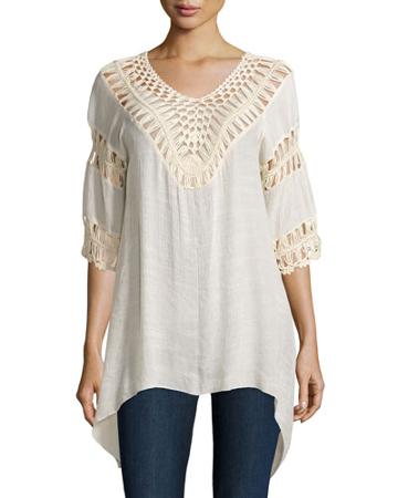 Crochet-trim 3/4-sleeve Tunic, Natural