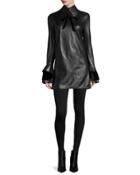 Laverne Bell-sleeve Leather Dress, Black