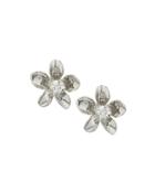 Silvertone Crystal Flower Button Earrings