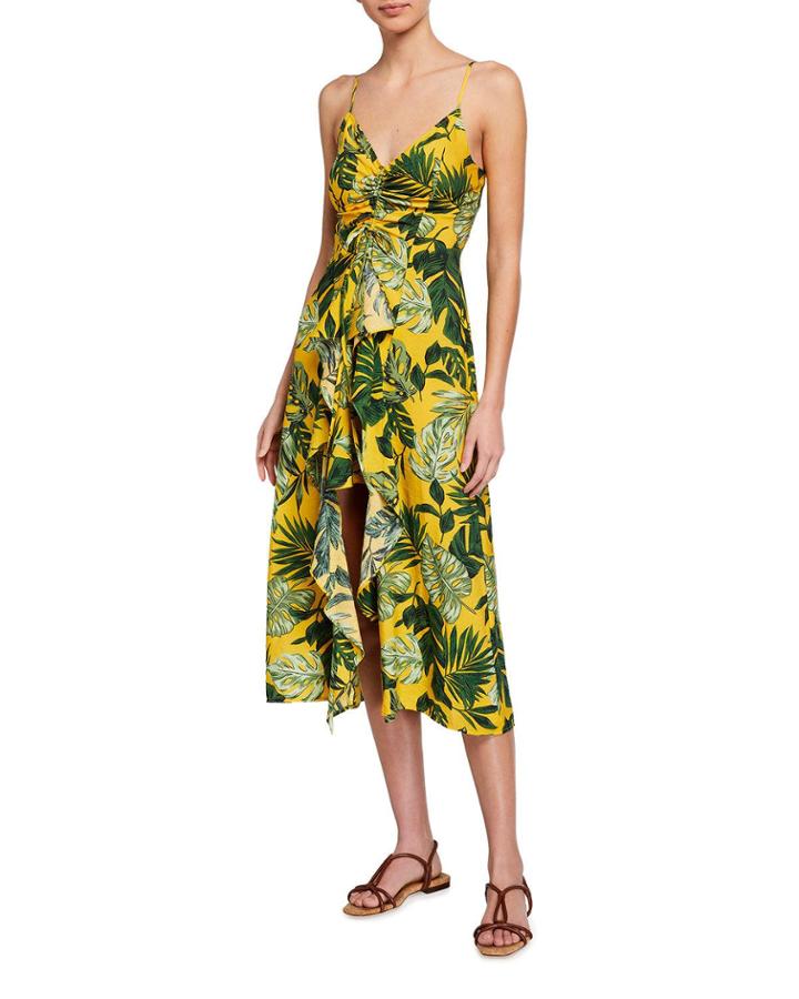 Palm-print Sleeveless Cascading Ruffle Dress