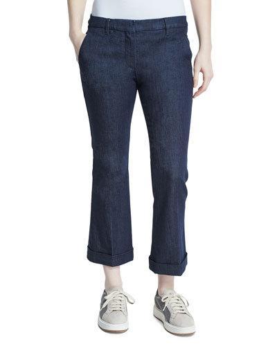 Cuffed Denim Kick Flare Jeans, Dark Wash
