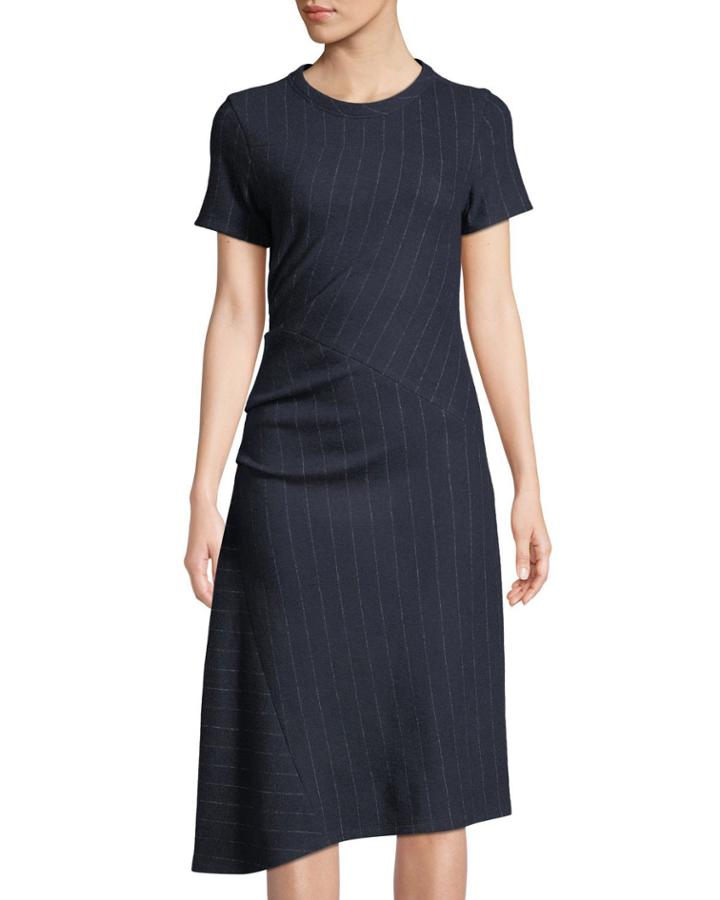 Short-sleeve Asymmetric Pinstriped Dress
