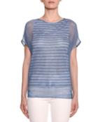 Crewneck Short-sleeve Striped Under-mesh Top