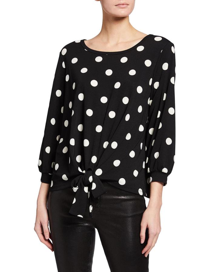Polka Dot Self-tie Long-sleeve Blouse