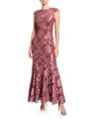 Embroidered Lace Cap-sleeve Open-back Gown