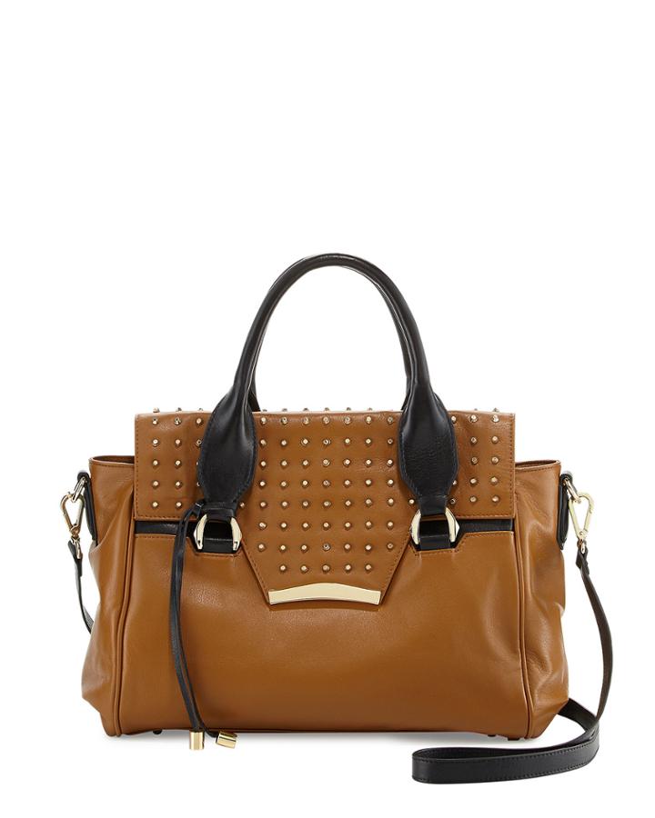 Rian Axelle Studded Flap-top Satchel Bag, Cognac (red), Women's