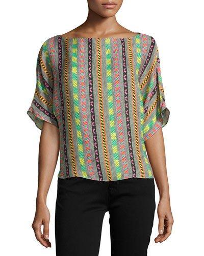Dolman-sleeve Raffia-print Silk Top,