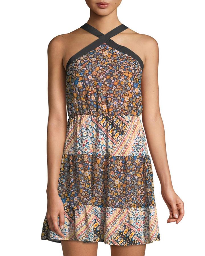 70s Floral Cross-front Halter Dress
