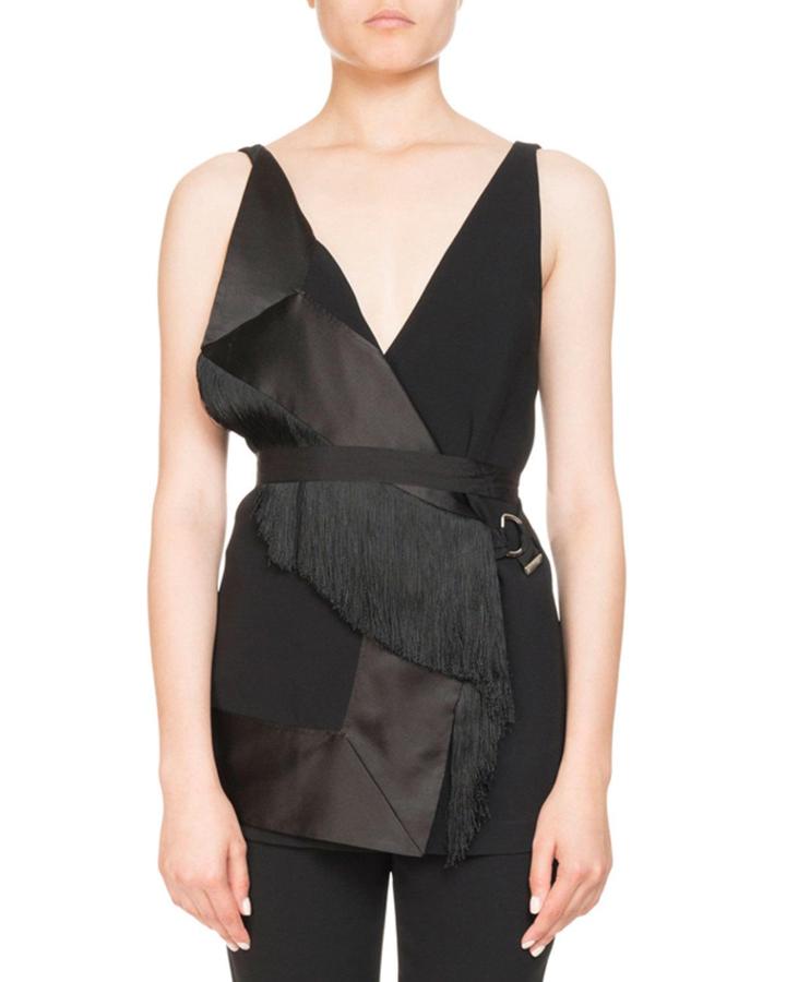 Sleeveless Fringed Wrap Blouse