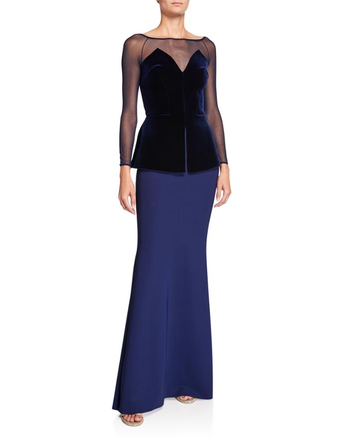 Boat-neck Long-sleeve Velvet Peplum Bodice Illusion Gown