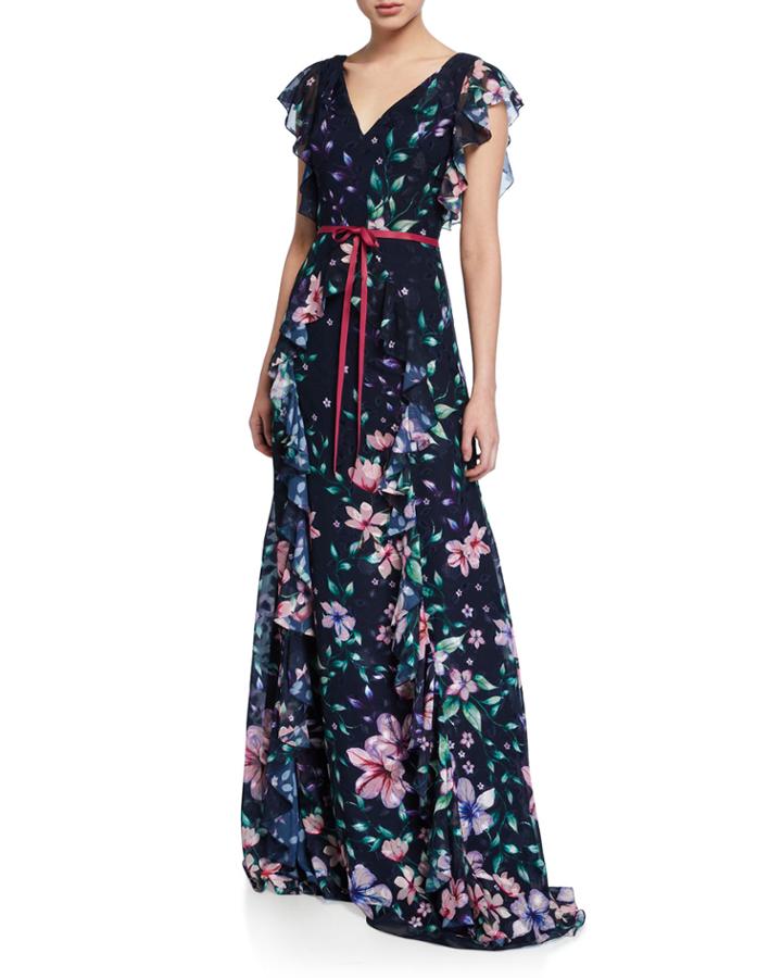 Floral Burnout Chiffon V-neck Cap-sleeve Gown W/ Ruffle Detailing
