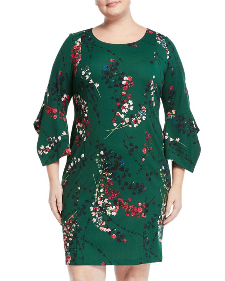 Cherry Blossom Bell-sleeve Sheath Dress,