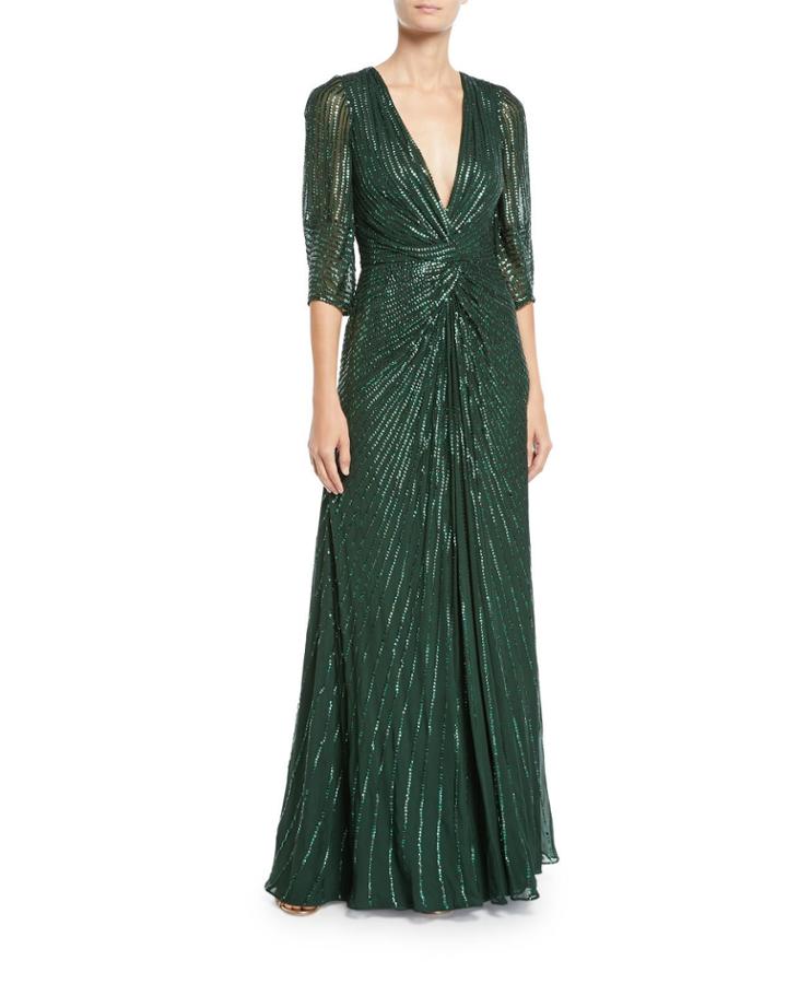 Tana 3/4-sleeve Beaded V-neck Knotted Gown