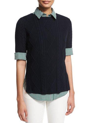Half-sleeve Mixed-cable Sweater, Ink/verde
