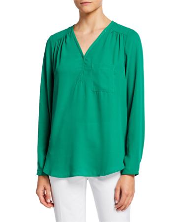 V-neck Long-sleeve Blouse With Chest Pocket