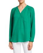 V-neck Long-sleeve Blouse With Chest Pocket