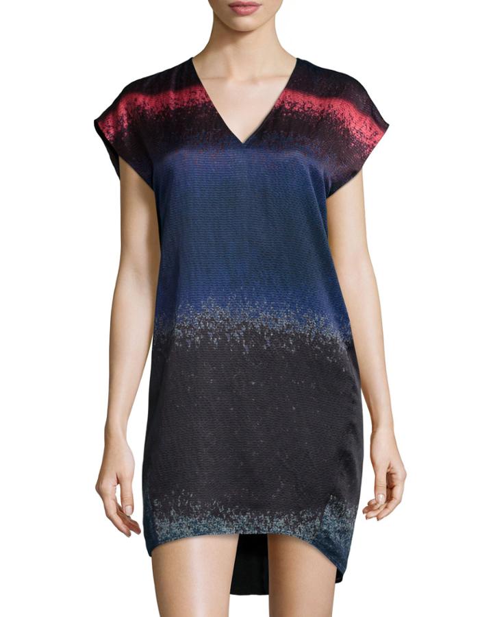 10 Crosby Derek Lam Printed V-neck Short-sleeve Dress, Indigo Multi, Women's, Size: