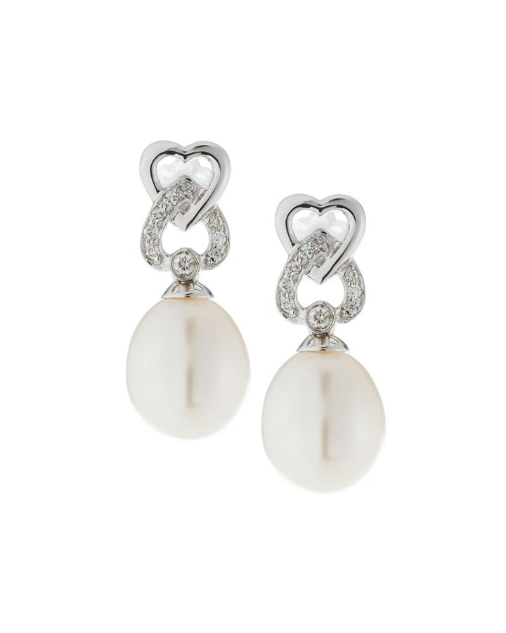 14k White Gold Double-heart & Pearl Earrings