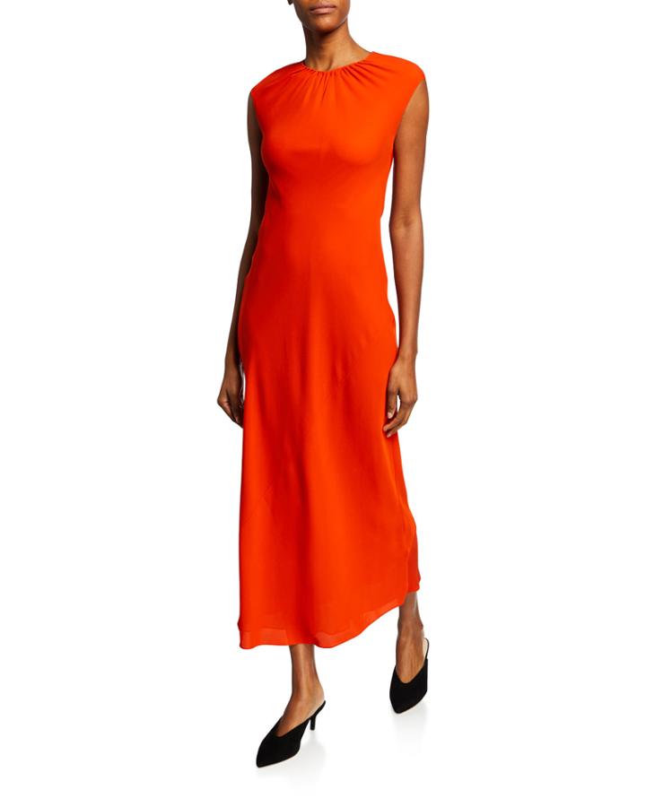 Shirred-neck Sleeveless Silk Georgette Dress