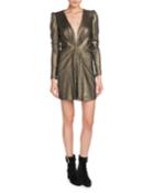 Deep-v Long-sleeve Gathered Metallic Silk Cocktail Dress