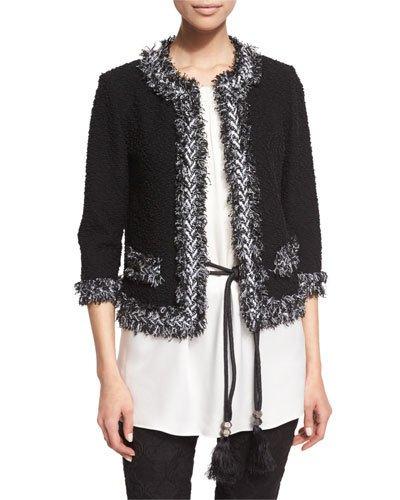 Fringe-trim Boucle Knit Jacket, Caviar/frost