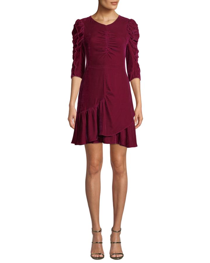 Ruched Velvet 3/4-sleeve Flounce Dress