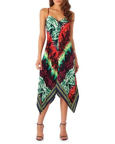 Tie-dye Handkerchief-hem Sleeveless Dress, Red/teal