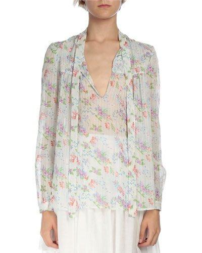 Long-sleeve Tie-neck Blouse, Blue/multi Colors
