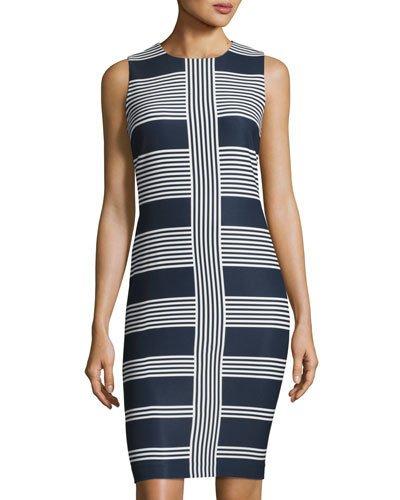 Crepe Striped Sheath Dress, Blue/white