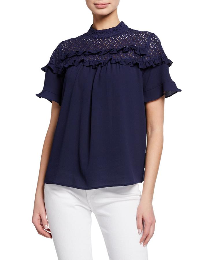 Mock-neck Lace Ruffle Blouse