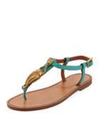 Flat Leather Thong Sandals With Scarab Ornament