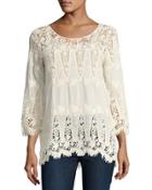 3/4-sleeve Lace-embroidered Top, Beige