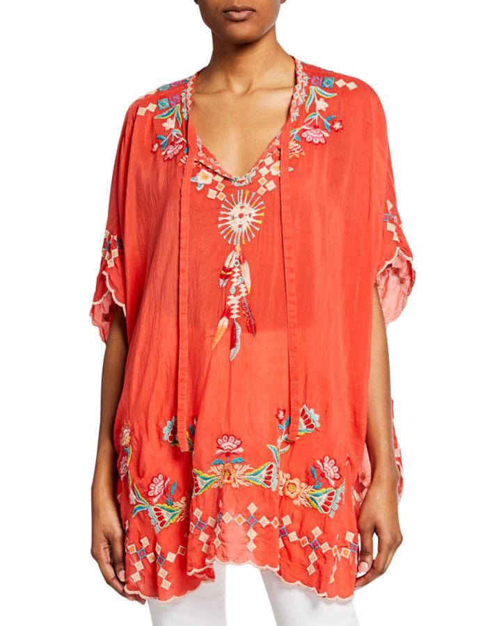 Plus Size Dakota Embroidered Tie-neck Poncho Top