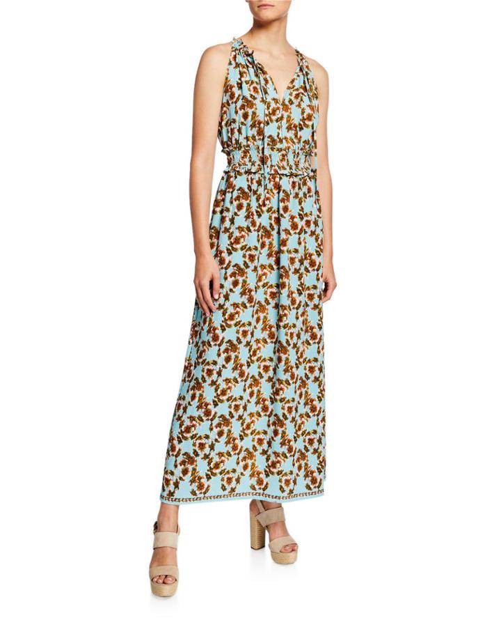 Floral V-neck Sleeveless Smocked-waist